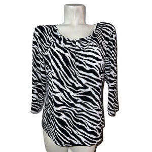 Chico's Top Size L (2) Black White Silver Zebra Print 3/4 Sleeve Shirt Tunic